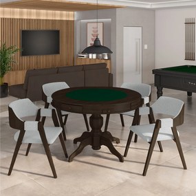 Conjunto Mesa de Jogos Carteado Bellagio Tampo Reversível Verde e 4 Cadeiras Madeira Poker Base Estrela Linho Cinza/Capuccino G42 - Gran Belo