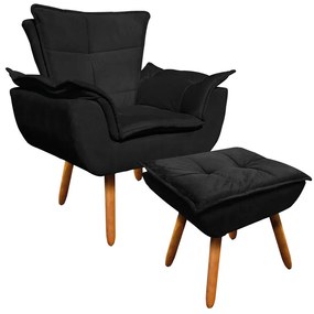 Poltrona e Puff Decorativo Pé Palito de Madeira Opala Suede D03 - D'Rossi - Preto