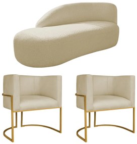 Kit Divã Luna 160cm Lado Esquerdo e 02 Poltronas Base de Ferro Dourado Suede