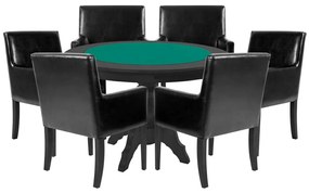 Mesa de Jogos Carteado Redonda Montreal Tampo Reversível Preto com 6 Cadeiras Liverpool PU Sintético Preto Liso G36 G15 - Gran Belo