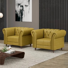 Kit 2 Poltronas Decorativas Sala de Estar Stanford Chesterfield Pés de Madeira Couro Bege Manchado G58 - Gran Belo