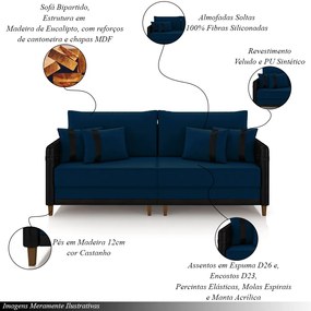 Sofá Living Montecarlo 2 Lugares Bipartido 212cm Pés em Madeira Veludo/PU Azul/Preto G33 - Gran Belo