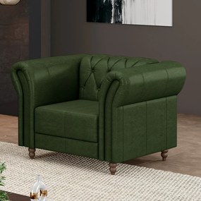 Poltrona Decorativa Sala de Estar Stanford Chesterfield Pés de Madeira Couro Verde Manchado G58 - Gran Belo