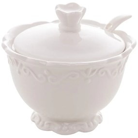 Açucareiro Porcelana Com Tampa E Colher Alto Relevo Branco 10,5x9,5cm 18100 Wolff