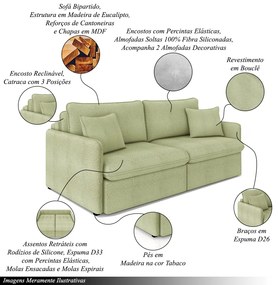 Sofá Reclinável e Retrátil Gandalf Bipartido 154cm Caixa Zero com Almofadas Bouclê Verde G33 - Gran Belo