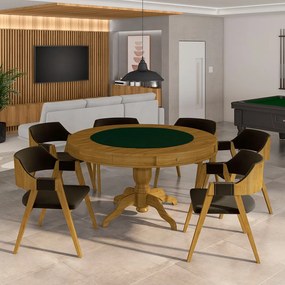 Conjunto Mesa de Jogos Carteado Bellagio Tampo Reversível e 6 Cadeiras Madeira Poker Base Estrela Veludo Marrom/Mel G42 - Gran Belo