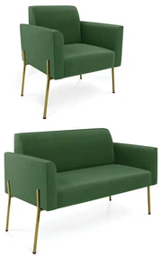 Sofá Namoradeira e Poltrona Pé de Ferro Dourado Marisa Suede Verde D03 - D'Rossi