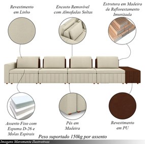 Sofá Ilha com Encosto e Almofadas Móveis Olimpo 425cm Modulado Linho/PU Bege/Marrom G45 - Gran Belo