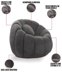 Sofá 2 Lugares com Puff e Poltrona Giratória Orgânica Cloud Bouclê Cinza Escuro E03 - D'Rossi