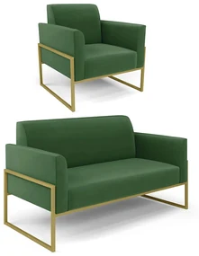 Sofá Namoradeira com Poltrona Base Industrial Alta Dourado Marisa Suede Verde D03 - D'Rossi
