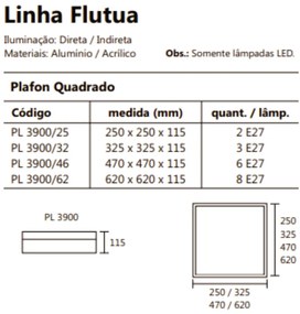 Plafon De Sobrepor Flutua Quadrado 32X32Cm 3Xe27 Metal E Acrílico | Us... (AV-M - Avelã Metálico)
