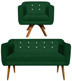Kit 01 Namoradeira 02 Lugares e 01 Poltrona GiratĂłria Julia Suede Verde com Strass Base Madeira MM30 D'Rossi