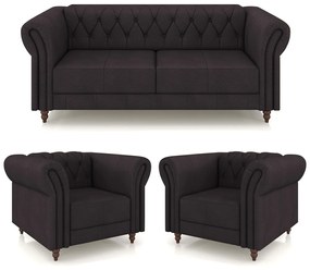 Conjunto Sala de Estar 1 Sofá Living 200cm e 2 Poltronas Stanford Chesterfield Pés Madeira Couro Borgonha G58 - Gran Belo