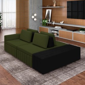 Sofá Ilha com Encosto e Almofadas Móveis Olimpo 245cm Modulado Linho/PU Verde/Preto G45 - Gran Belo