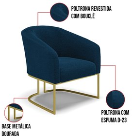 Poltrona Para Sala Industrial Dourado Kit 2 Stella Bouclê Azul D03 - D'Rossi