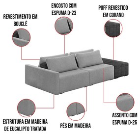 Sofá Ilha 2 Lugares Living 272cm Modulado Sala Lary Bouclê Cinza CL/PU Pto K01 - D'Rossi