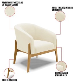 Poltrona Decorativa Base Madeira Stella Cotelê Ext/Veludo D03 - D'Rossi - Off White