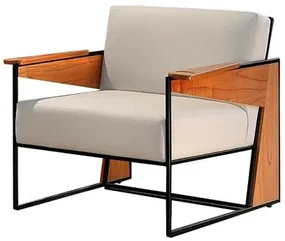 Poltrona Venom Assento Linho Bege Base Aco com Madeira Cor Mel - 47211 Sun House