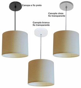 Luminária Pendente Vivare Free Lux Md-4107 Cúpula em Tecido - Algodão-Crú - Canopla cinza e fio transparente