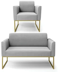 Sofá Namoradeira com Poltrona Base Industrial Dourado Marisa Suede Cinza D03 - D'Rossi