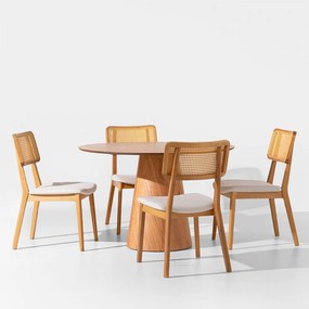 Conjunto Mesa de Jantar Dadi Orgânica 1,20m - Cinamomo + 4 Cadeiras Lalá Palha Natural - Plot Cru