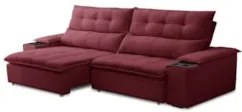 Sofá Retrátil 3 Lugares com Porta Copo 250cm Malta F05 Veludo Bordô -