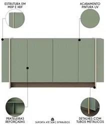 Balcão Aparador Buffet 4 Portas 160cm Barcelona C05 Hortelã/Amêndoa -