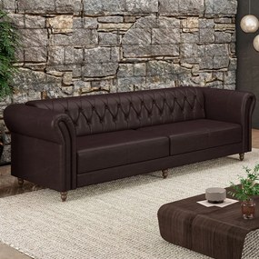 Sofá Living Sala de Estar Stanford Chesterfield 3 Lugares 260cm Pés de Madeira Couro Wine Vinho G58 - Gran Belo