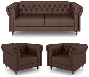 Conjunto Sala de Estar 1 Sofá Living 220cm e 2 Poltronas Stanford Chesterfield Pés Madeira Couro Marrom Brilho G58 - Gran Belo