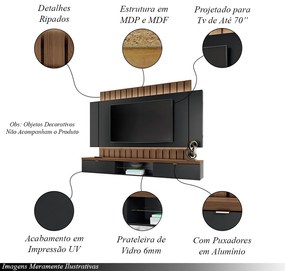 Painel Home Suspenso 2.2 para TV até 70" com Fita LED MDP/MDF Shawn Preto/Castanho G26 - Gran Belo