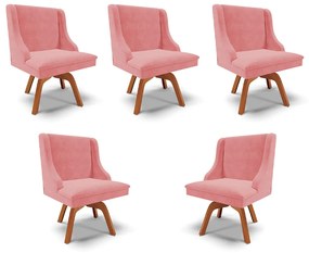 Kit 5 Cadeiras Decorativas Sala de Jantar Base Giratória de Madeira Firenze Suede Rosê/Natural G19 - Gran Belo