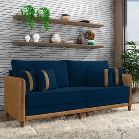 Sofá Living Montecarlo 3 Lugares Bipartido 232cm Pés em Madeira Veludo/PU Azul/Caramelo G33 - Gran Belo