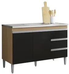 Balcão de Cozinha Com Pia Inox 120cm 3 Gavetas Andréia Amêndoa/Preto -