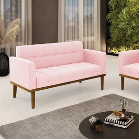 Poltrona Namoradeira Decorativa Karen Pés Fixo em Madeira Castanho Suede Rosa Bebê G19 - Gran Belo