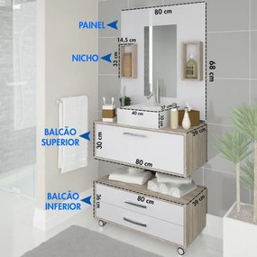 Conjunto Balcão Para Banheiro Gabinete Suspenso e Gaveteiro Completo com Nicho e Cuba 80 cm