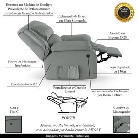 Poltrona do Papai Reclinável Melim Power Elétrica Massagem Sintético PU F FH1 - D'Rossi - Cinza