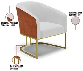 Namoradeira e Poltrona Industrial Dourado Stella Noz/Linho Cinza D03 - D'Rossi