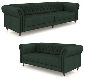 Conjunto de Sofá Sala de Estar Stanford Chesterfield 2 e 3 Lugares 180cm/240cm Pés Madeira Couro Verde G58 - Gran Belo