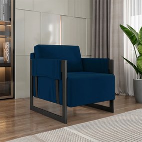 Kit 2 Poltronas Decorativa Sala de Estar Moria Base em Ferro Veludo Preto/Azul G33 - Gran Belo