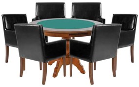 Mesa de Jogos Carteado Redonda Montreal Tampo Reversível Amêndoa com 6 Cadeiras Liverpool PU Preto Liso G36 G15 - Gran Belo