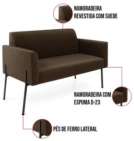 Sofá Namoradeira e 2 Poltronas Pé de Ferro Preto Marisa Suede Marrom D03 - D'Rossi