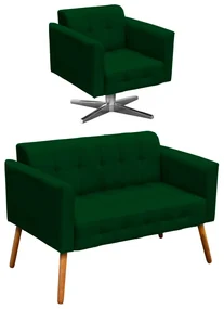 Kit 01 Namoradeira e 01 Poltrona Giratória Elisa Suede Base Estrela Cromada D'Rossi - Verde