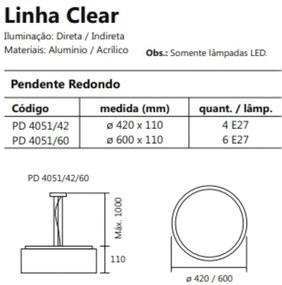 Pendente Clear Ø42X11Cm 4Xe27 / Metal E Acrilico | Usina 4051/42 (CP-M - Champagne Metálico)