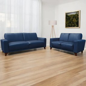 Conjunto de Sofás Decorativos 2 e 3 Lugares Emily Sala de Estar Pés em Eucalipto Couro Azul Marinho Brilho G40 - Gran Belo