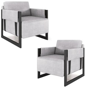 Kit 2 Poltronas Decorativa Sala de Estar Moria Base em Ferro Pu Preto/Cinza G33 - Gran Belo