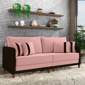 Sofá Living Montecarlo 3 Lugares Bipartido 252cm Pés em Madeira Veludo/PU Rosê/Marrom G33 - Gran Belo