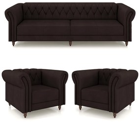 Conjunto Sala de Estar 1 Sofá Living 240cm e 2 Poltronas Stanford Chesterfield Pés Madeira Couro Marrom G58 - Gran Belo