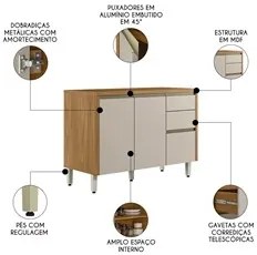 Balcão de Cozinha 120cm Com Tampo Da Vinci L06 Nature/Off White - Mpoz