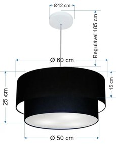 Lustre Pendente Duplo Cilíndrico Vivare Md-4353 Cúpula em Tecido 60x50cm - Bivolt