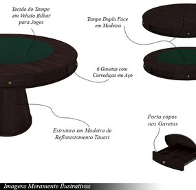 Conjunto Mesa de Jogos Carteado Bellagio Tampo Reversível e 6 Cadeiras Madeira Poker Base Cone Veludo Marrom/Tabaco G42 - Gran Belo